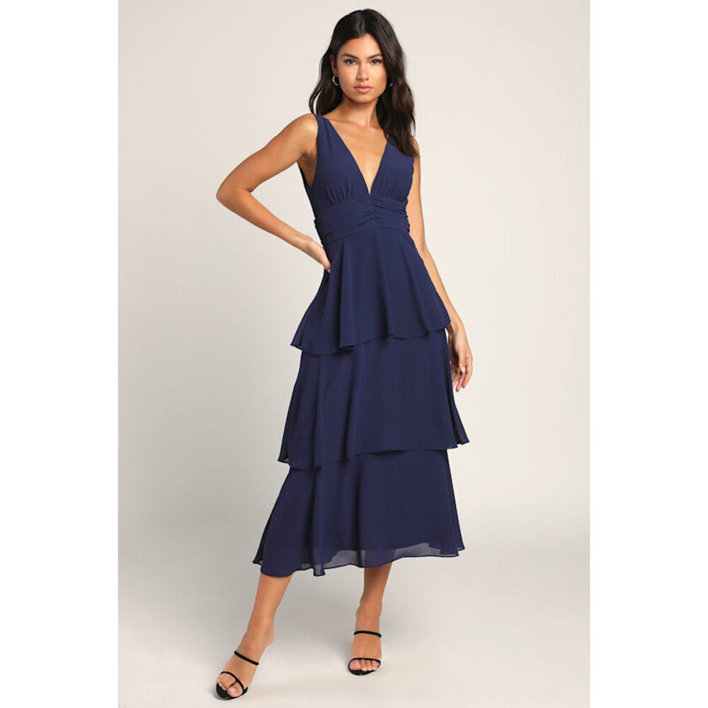 Lulus Celebration Time Navy Blue Sleeveless Tiered Midi Dress - Size M